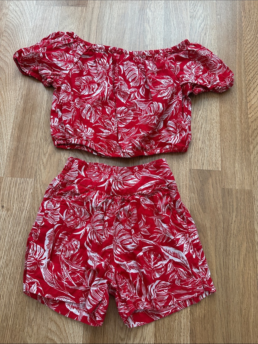 Red Floral Off-Shoulder Crop Top and Matching Shorts